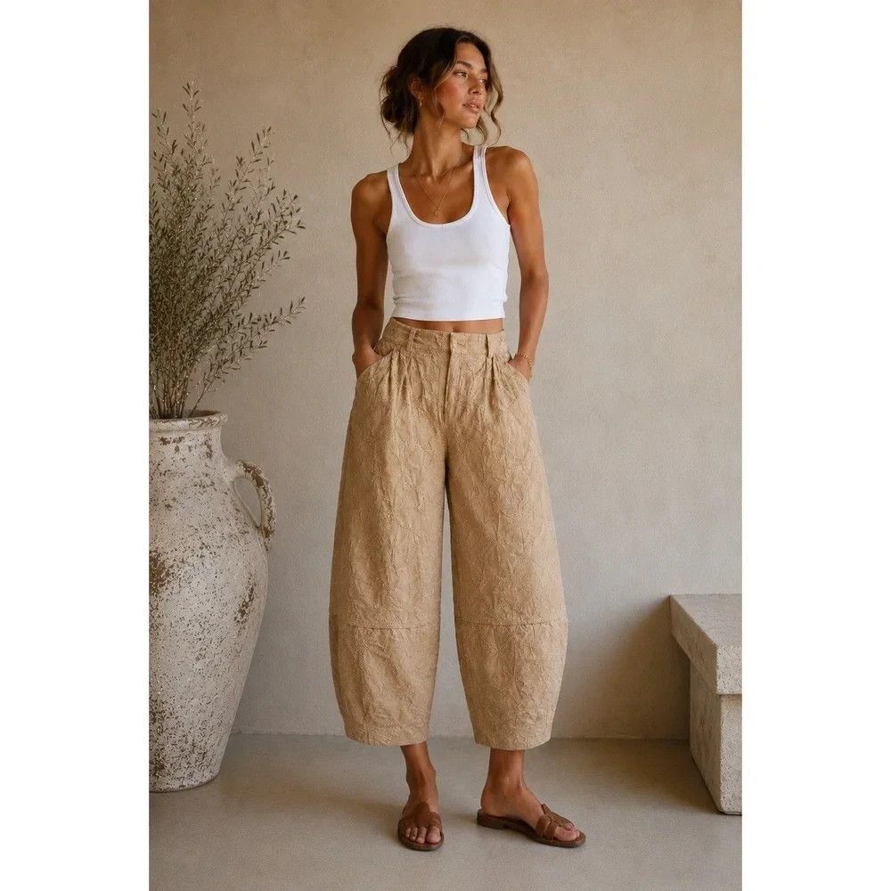 NEW House Of Harlow 1960 Barrel Leg Pant SMALL Tan Lantern Crop Embroidered Palm